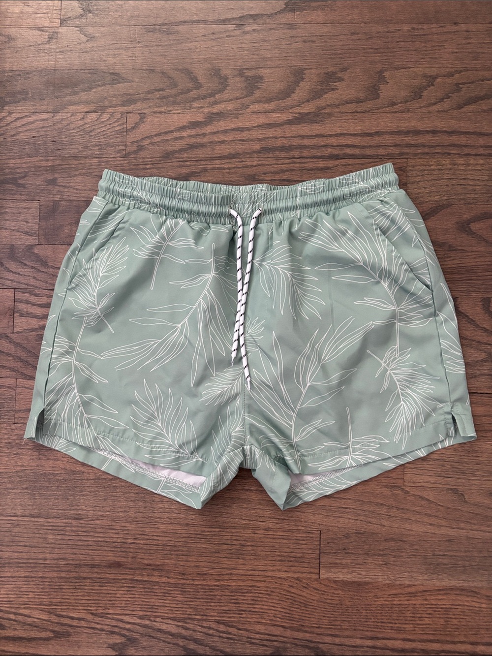 Men's Sage Green Leaf Print Swim Trunks - Picture 3 of 11
